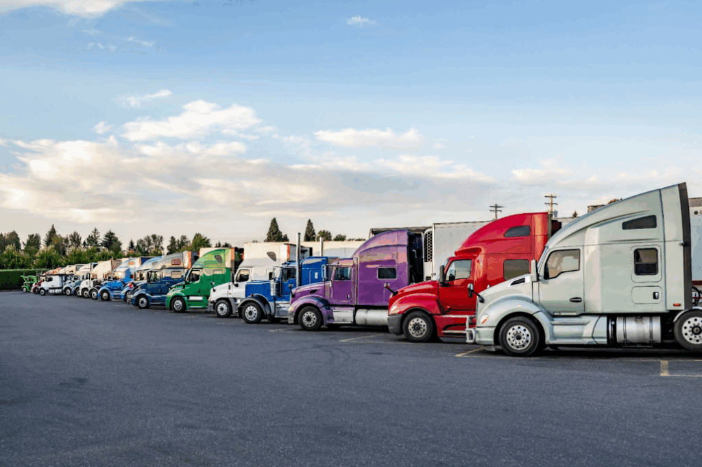 a truck parking lot with several trailers parked in a row